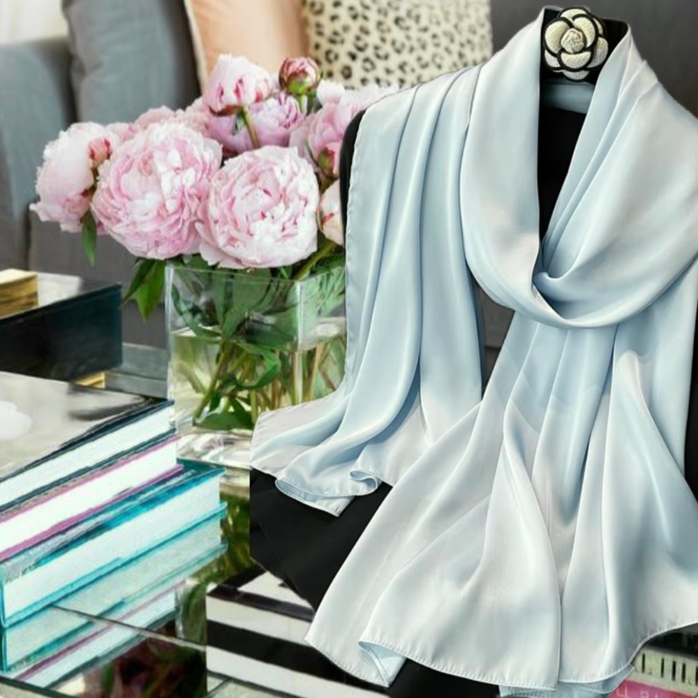 Light Blue 100% SILK SATIN Large Shawl Cover Up Evening Wrap Wedding Scarf Gift